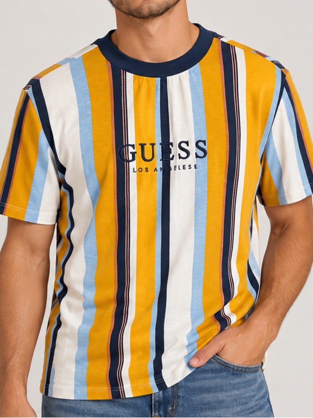 GUESS Yellow, Blue & White Vertical Stripe Logo Tee